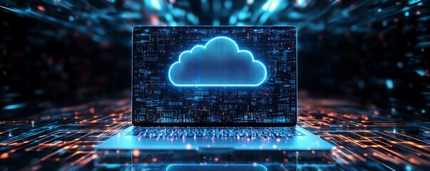 Poster - Laptop screen displaying data upload symbol with cloud computing technology, futuristic design, glowing icons, digital innovation, 3D rendering, modern tech
