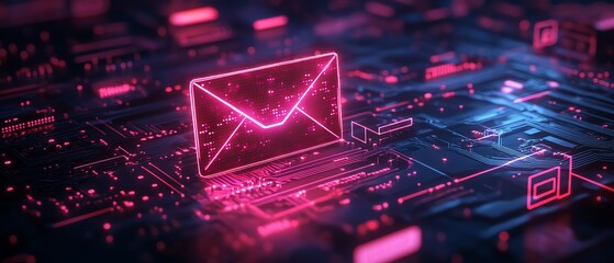 Poster - Neon email icon with glowing circuit board background, futuristic technology, digital communication, 3D rendering, hightech design, glowing neon elements
