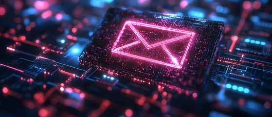 Poster - Neon email icon with glowing circuit board background, futuristic technology, digital communication, 3D rendering, hightech design, glowing neon elements