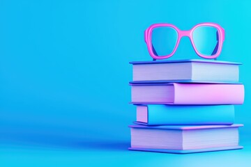 Poster - Smart Study Concept Featuring Stacked Books and Pink Glasses in a Bright Blue Background