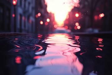 Poster - Abstract reflections in a puddle on a city street at sunset, capturing urban beauty and atmospheric mood with bokeh and light play in an evening scene.