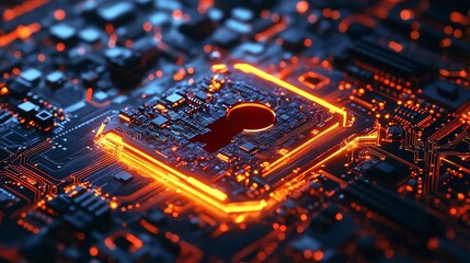 Aufkleber - 3D rendered digital shield with keyhole on a circuit board background, glowing neon circuits, cybersecurity technology, digital protection, modern hightech design