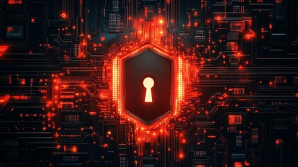 Aufkleber - 3D rendering of a digital shield with keyhole on a circuit board background, glowing circuits, security technology, futuristic design, digital protection concept