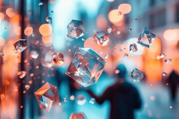 Poster - Abstract floating geometric shapes, diamonds against a blurred colorful background, creating a surreal and modern futuristic composition with bokeh effect, a human figure in the background.