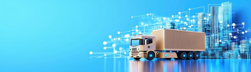 Poster - Futuristic Supply Chain Efficiency Concept with Truck and City Background Illustration