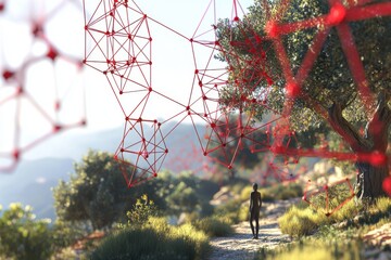 Poster - A futuristic landscape with a figure walking beneath a network of red geometric shapes, blended with natural elements like trees, evoking connection and advanced technology.