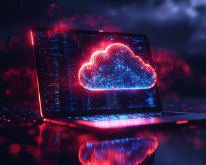 Poster - Cloud computing technology concept with data upload symbol on laptop screen, digital transformation, glowing icons, modern tech design, 3D rendering, hightech network