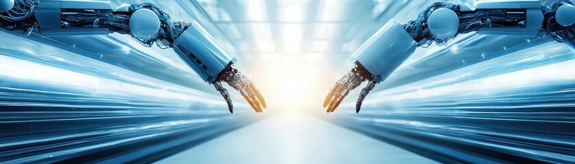 Poster - Surreal Concept of Robotic Arms Reaching Towards Each Other in an Automated Environment