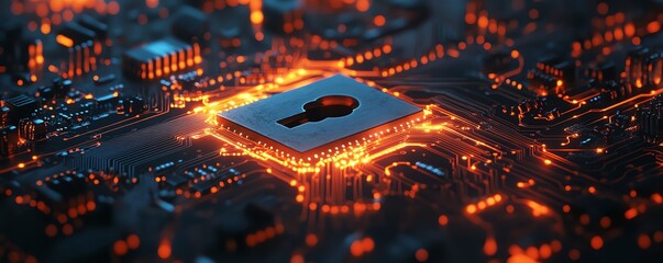 Aufkleber - Cybersecurity concept with digital shield and keyhole on a glowing circuit board background, 3D rendering, modern technology, digital protection design