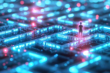 Poster - A glowing female silhouette walking on a circuit board with abstract red and blue lighting, symbolizing future technology and digital landscape connectivity.