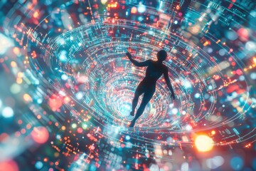 Poster - A digital odyssey: a figure dives through a vortex of glowing data, symbolizing the immersive and transformative power of information technology.