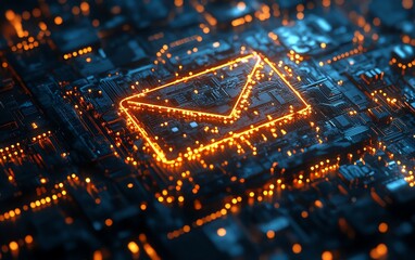 Poster - Digital neon email icon with glowing circuit board background, futuristic tech design, glowing neon elements, 3D rendering, modern communication system
