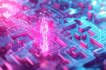 Poster - A luminous figure traversing a vibrant, futuristic circuit board landscape, symbolizing digital transformation and innovative technology solutions in a dynamic, colorful design.