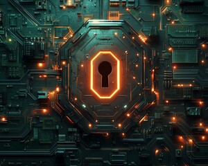 Aufkleber - Digital shield with keyhole in a glowing circuit board environment, security and protection technology, 3D rendering, modern cyber design, futuristic digital
