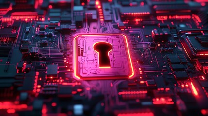 Aufkleber - Digital shield with keyhole on a circuit board background, glowing neon elements, cybersecurity concept, hightech protection, modern technology, 3D rendering