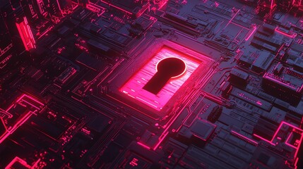 Poster - Digital shield with keyhole on a circuit board background, glowing neon elements, cybersecurity concept, hightech protection, modern technology, 3D rendering