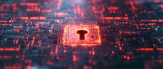 Poster - Futuristic digital shield with keyhole on a circuit board background, glowing lines, cybersecurity concept, 3D rendering, hightech protection, digital security