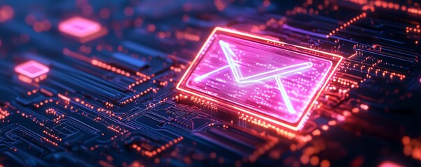 Poster - Futuristic neon email icon on a glowing circuit board background, hightech communication, glowing neon elements, 3D rendering, modern design