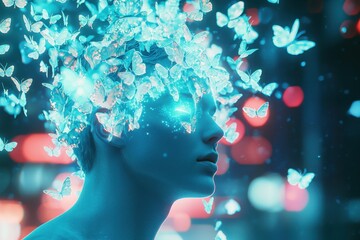 Poster - a captivating conceptual portrait of a person adorned with glowing butterflies, symbolizing transfor