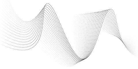 Flowing dot particles wave pattern halftone black gradient smooth curve shape isolated on transparent background. Vector in concept of technology, science, music, modern. EPS 10