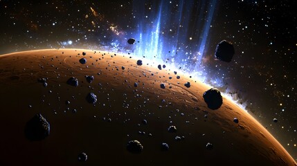 Wall Mural - stunning hyper-realistic visualization of an asteroid field with numerous small rocks floating in th