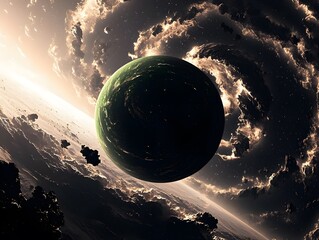 Wall Mural - impressive hyper-realistic galactic exploration artwork featuring a striking planet suspended in a s