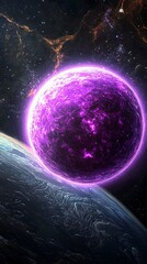 Wall Mural - remarkable hyper-realistic space painting of a glowing purple planet illuminating the vastness of th