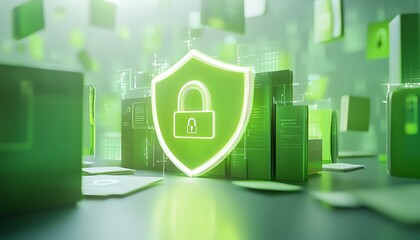 Poster - Secure data flow concept with shield and padlock icon on bright background, showcasing green interconnected documents, 3D rendering, digital security