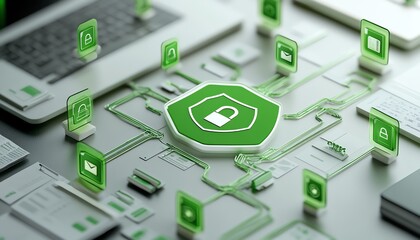 Poster - Secure data flow concept with shield and padlock icon on bright background, showcasing green interconnected documents, 3D rendering, digital security