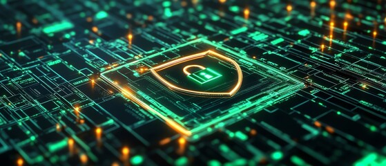 Poster - Secure data flow concept with shield and padlock icon on bright background, showcasing green interconnected documents, 3D rendering, digital security