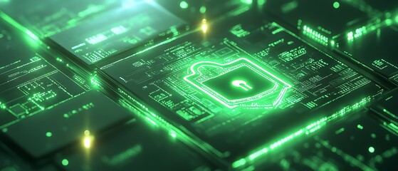 Poster - Secure data flow with shield and padlock icon on bright background, glowing green interconnected documents, digital protection, 3D rendering, modern security