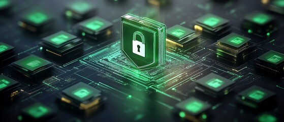Poster - Secure data flow with shield and padlock icon on bright background, glowing green interconnected documents, digital protection, 3D rendering, modern security