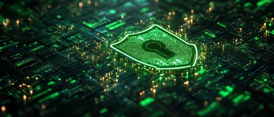 Poster - Secure data flow with shield and padlock icon on bright background, glowing green interconnected documents, digital protection, 3D rendering, modern security