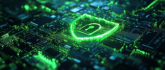 Poster - Secure data flow with shield and padlock icon on bright background, glowing green interconnected documents, digital protection, 3D rendering, modern security
