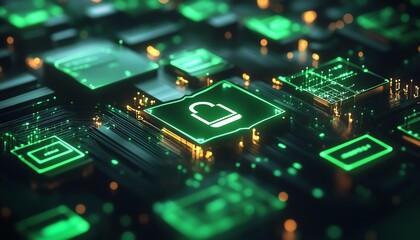 Poster - Secure data flow with shield and padlock icon on bright background, glowing green interconnected documents, digital protection, 3D rendering, modern security