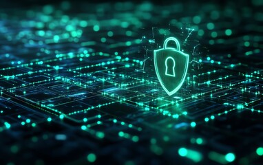Poster - Shield and padlock icon with secure data flow, green interconnected documents, bright background, 3D rendering, digital protection, modern tech security