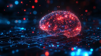 Poster - Abstract AI brain circuit with glowing digital tech elements, light background, neural connections, innovation concept, 3D rendering, modern technology
