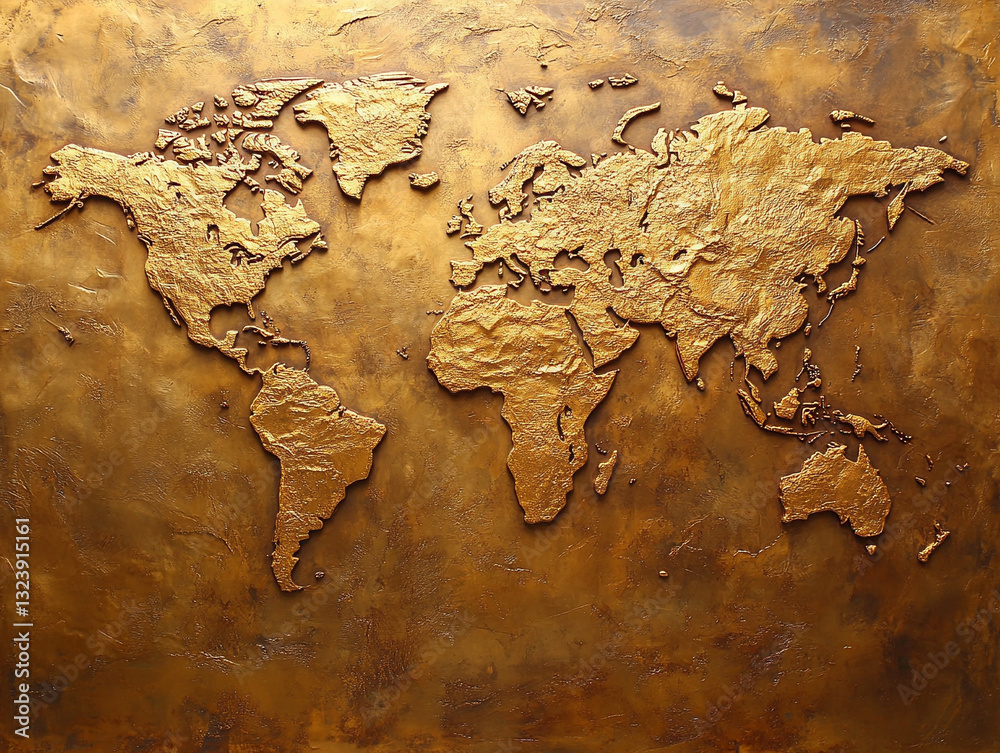 World map art in detailed gold texture design Stock Photo | Adobe Stock