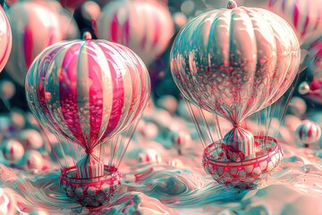 Poster - Enchanting fantasy scene featuring colorful hot air balloons with delicate details, floating above a dreamlike landscape, creating a whimsical and captivating atmosphere filled with joy.