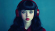 © otter2 - A beautifully lit retro portrait of a young woman with glossy, voluminous black hair, wearing large aviation-style headphones