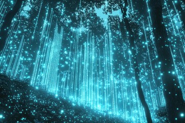 Poster - an ethereal forest illuminated by glowing blue bioluminescence, creating a magical and enchanting at