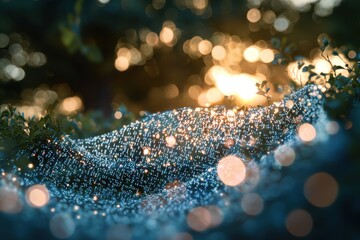 Poster - An abstract and ethereal network of light, with bokeh effects, connecting the world with glowing nodes and organic-like structures under a warm, sunset-like sky.