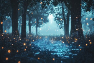 Poster - a mystical forest path illuminated by glowing orbs and digital stream, creating a serene and enchant
