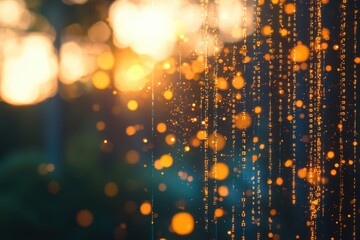 Poster - golden digital data streams cascading through a blurred landscape, blending technology and nature wi