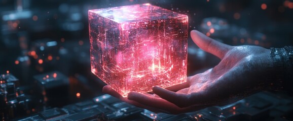 Poster - futuristic technology concept hands holographic cube cyberpunk digital interface success innovation 