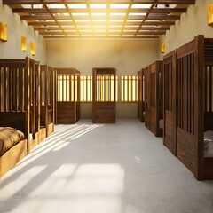 Poster - A cozy room featuring wooden beds designed for comfort in a realistic setting with copy space for design use
