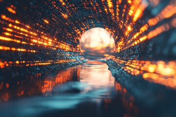 Poster - abstract futuristic tunnel with glowing orange lights and water reflection, creating a modern and te