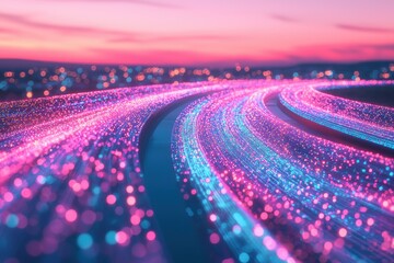 Poster - Vibrant abstract highway at dusk, showcasing streams of pink and blue lights, creating a futuristic cityscape with dynamic energy and a visually stunning aesthetic.