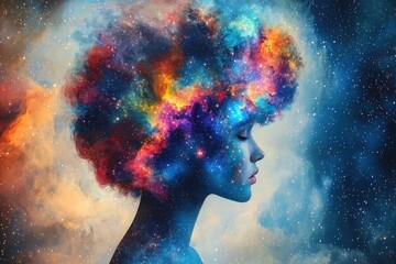 Poster - a conceptual portrait of a woman with a galaxy replacing her hair, symbolizing the universe within a