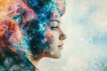 Poster - a conceptual portrait of a woman with a galaxy pattern overlay, symbolizing inner space and the univ